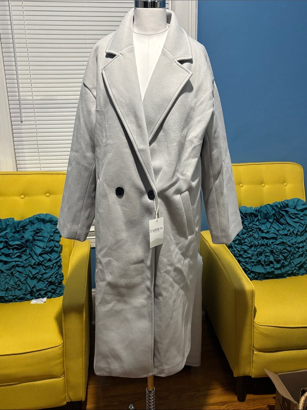 Grey Long Double-Breasted Women's Coat
